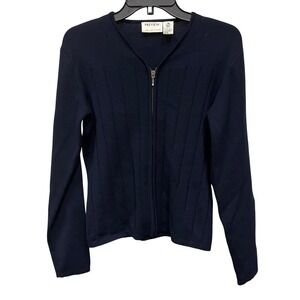 Preview Collection Navy Blue 100% Merino Wool Zip Up Ribbed Cardigan Sweater S